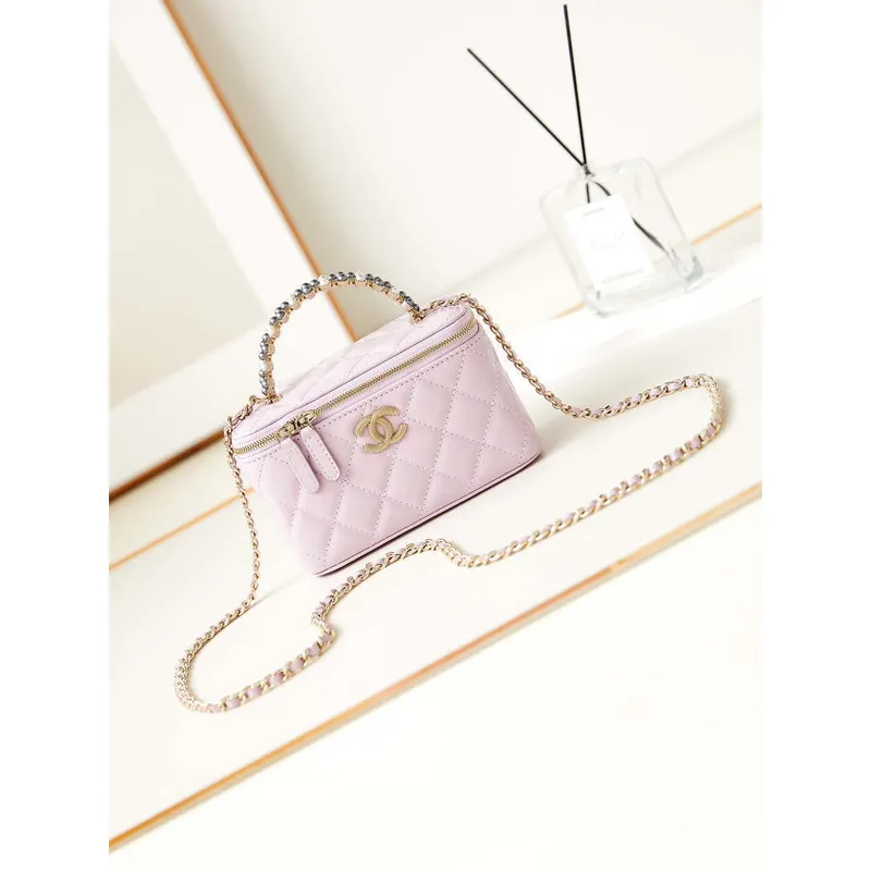 Chanel AP3804 Kabelka z jehněčí kůže s perleťovou rukojetí, růžová