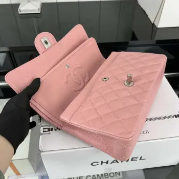 Chanel A01112 Klasická kabelka s klopou Zrnité telecí kůže a stříbrný kov Růžová