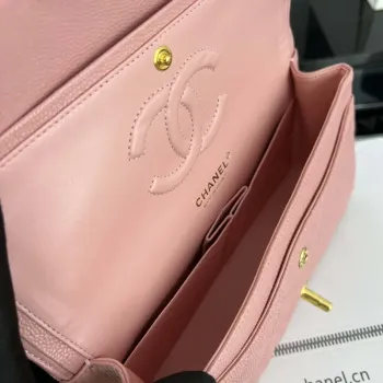 Chanel A01112 Klasická kabelka s klopou Zrnité telecí kůže a zlatý kov Růžová