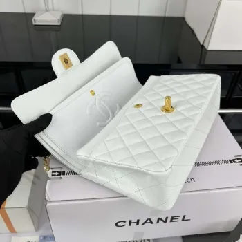 Chanel A01112 Klasická kabelka s klopou Zrnité telecí kůže a zlatý kov Bílá