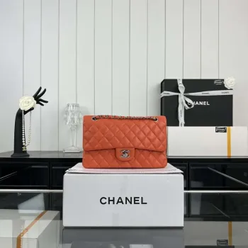Chanel A01112 Flap Classic 11.12 Kabelka Zrnité telecí kůže a stříbrný kov Oranžová