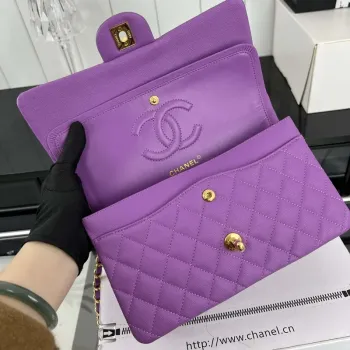 Chanel A01112 Klopová klasická kabelka 11.12 Zrnité telecí kůže a zlatý kov Orchidej