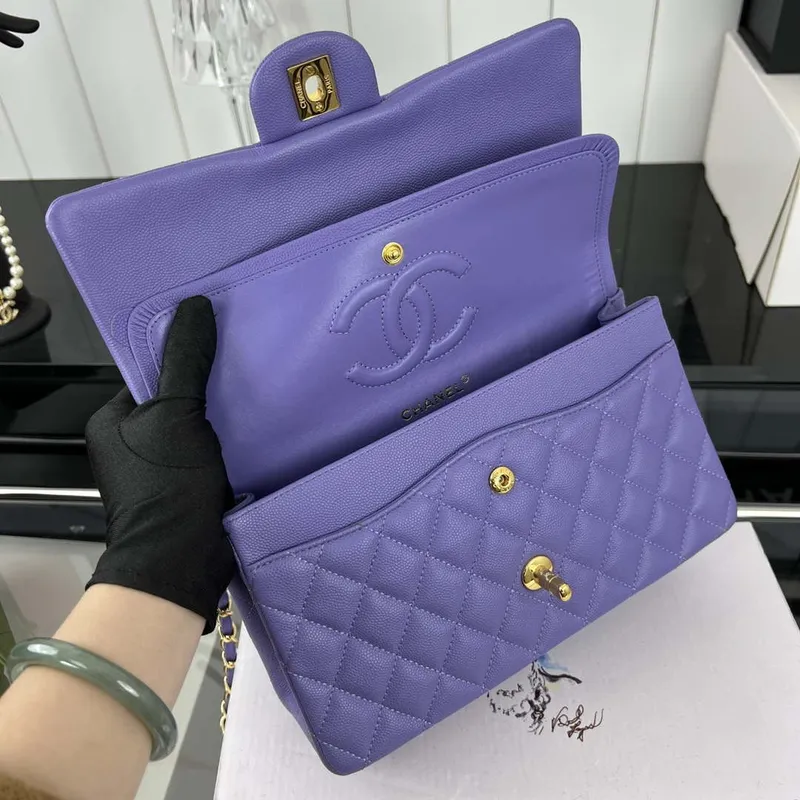 Chanel A01112 Klopová klasická kabelka 11.12 Zrnité telecí kůže a zlatý kov Fialová