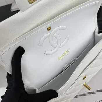 Chanel A01112 Klopová klasická kabelka 11.12 Zrnité telecí kůže a zlatý kov Bílá