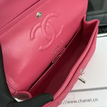 Chanel A01112 Klopová klasická kabelka 11.12 Zrnité telecí kůže a stříbrný kov Růžová červená