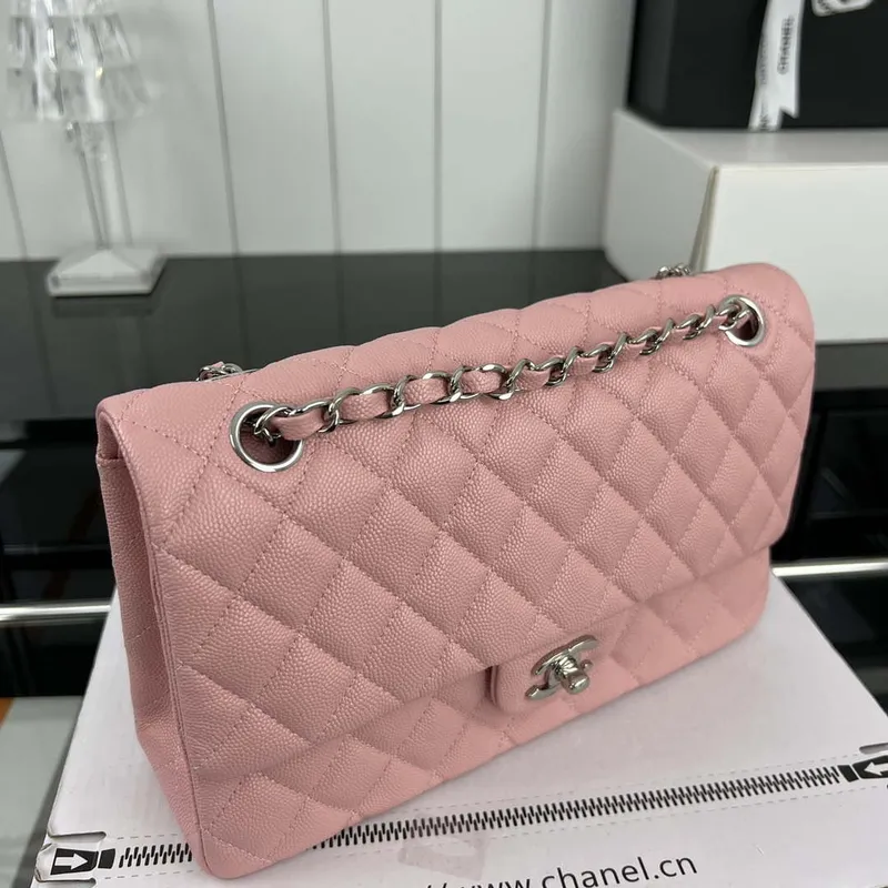Chanel A01112 Klopová klasická kabelka 11.12 Zrnité telecí kůže a stříbrný kov Růžová