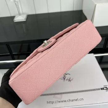 Chanel A01112 Klopová klasická kabelka 11.12 Zrnité telecí kůže a stříbrný kov Růžová