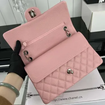 Chanel A01112 Klopová klasická kabelka 11.12 Zrnité telecí kůže a stříbrný kov Růžová