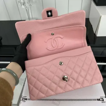 Chanel A01112 Klopová klasická kabelka 11.12 Zrnité telecí kůže a stříbrný kov Růžová