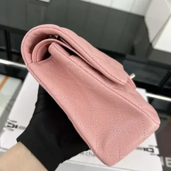 Chanel A01112 Klopová klasická kabelka 11.12 Zrnité telecí kůže a stříbrný kov Růžová