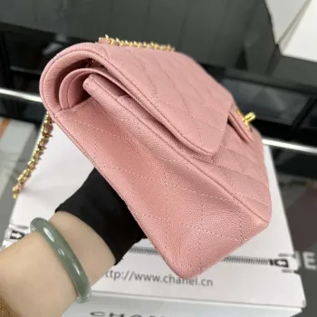 Chanel A01112 Klopová klasická kabelka 11.12 Zrnité telecí kůže a zlatý kov Růžová