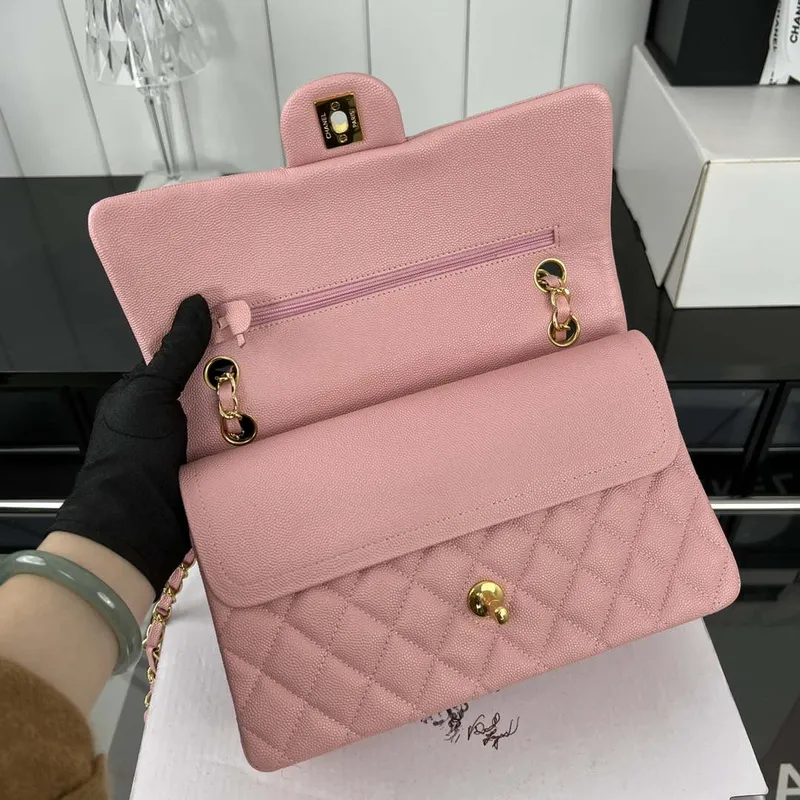 Chanel A01112 Klopová klasická kabelka 11.12 Zrnité telecí kůže a zlatý kov Růžová