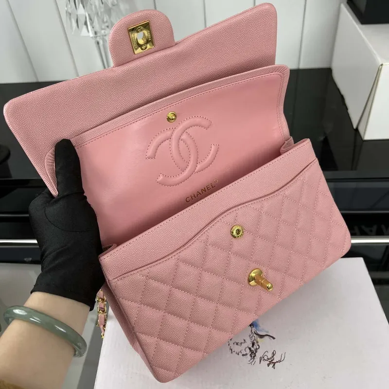 Chanel A01112 Klopová klasická kabelka 11.12 Zrnité telecí kůže a zlatý kov Růžová
