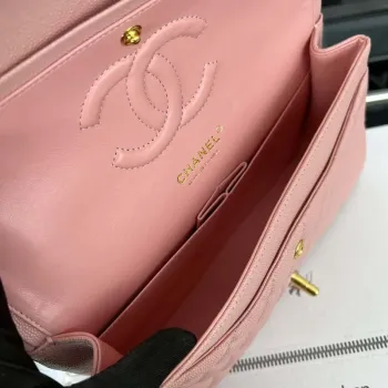 Chanel A01112 Klopová klasická kabelka 11.12 Zrnité telecí kůže a zlatý kov Růžová