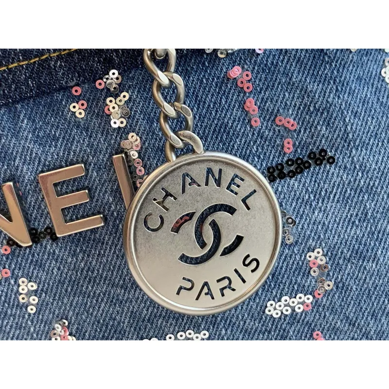 Chanel 22 Malá kabelka Denim & Stříbrný kov AS3260 Modrá Vícebarevná