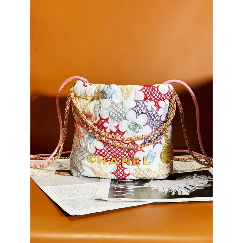 Chanel 22 Mini kabelka AS3980 Krajková patchworková a zlatá kovová vícebarevná