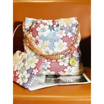 Chanel 22 Malá kabelka AS3260 Krajková patchworková a zlatá kovová vícebarevná