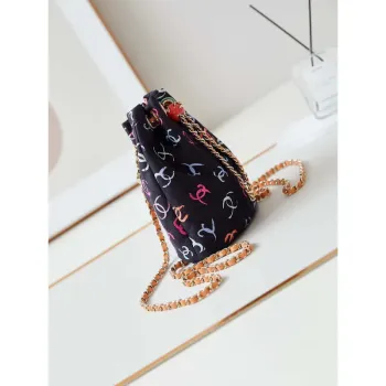 Chanel AS4810 Potiskovaná látka a zlatý kov Černá a vícebarevná