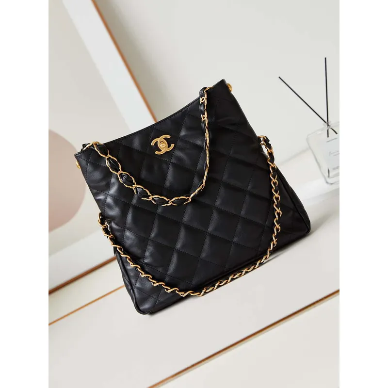 Chanel AS4754 24P Nová taška Hobo z černé jehněčí kůže