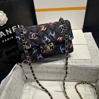 Chanel AS1116 Potiskovaná látka a zlatý kov Černá a vícebarevná