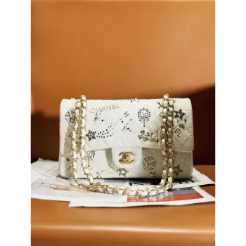 Chanel A01112 Klasická kabelka s klopou Tweed & Gold Tone Metal Beige