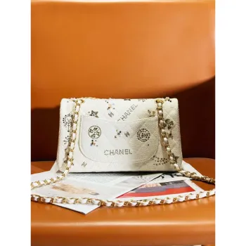 Chanel A01112 Klasická kabelka s klopou Tweed & Gold Tone Metal Beige