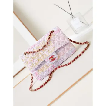 Chanel 24C A01113 Kabelka s klopou Klasická taška Bavlněný tvíd A69900 Růžová a bílá