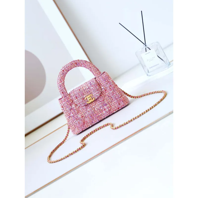 Chanel AS4416 Mini nákupní taška z bavlněného tvídu a zlatého kovu, růžová