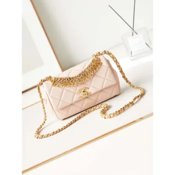 Chanel AS4595 MINI FLAP BAG Metalická telecí kůže Diamante & Gold Tone Metal Light Pink