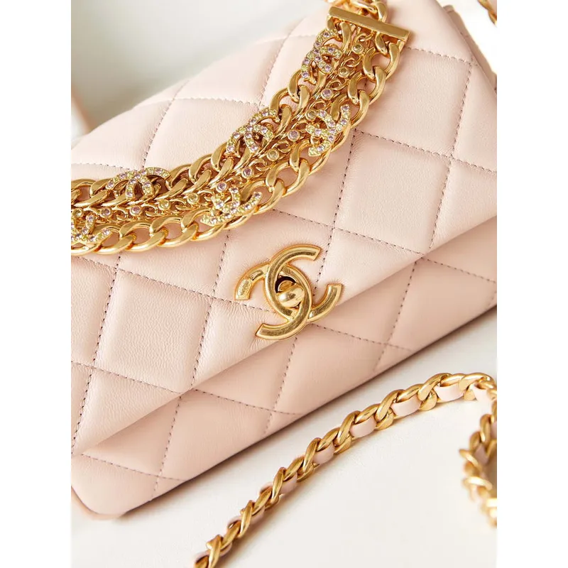 Chanel AS4595 MINI FLAP BAG Metalická telecí kůže Diamante & Gold Tone Metal Light Pink