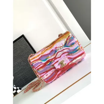 Chanel AS1116 24SS CF Mini Flap Bag A69900 Symphony gradientové korálky Růžová jehněčí kůže