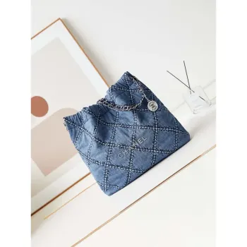 Chanel AS3261 22 taška Stříbrný kov Plátno Modrá džínovina