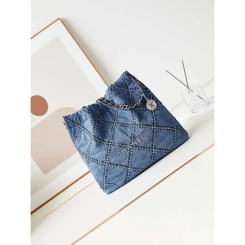 Chanel AS3261 22 taška Stříbrný kov Plátno Modrá džínovina