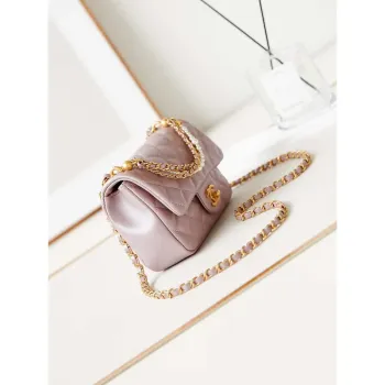 Chanel AS4385 Mini taška s klopou z perleťové jehněčí kůže, imitace perel a zlatý kov, růžová