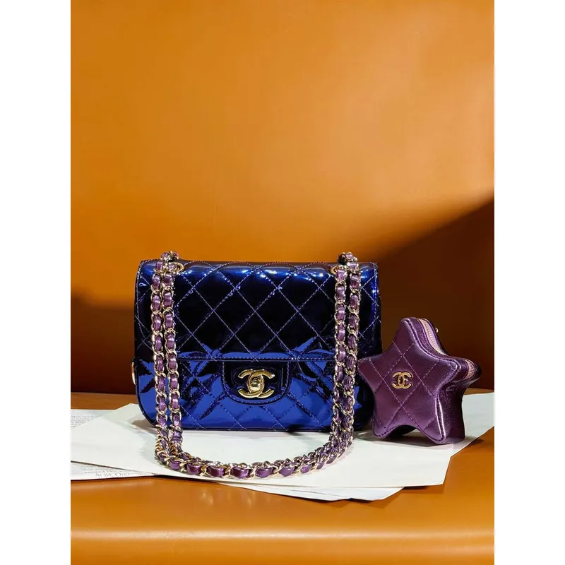 Chanel AS4646 MINI FLAP BAG & STAR COIN PURSE Zrcadlová telecí kůže  Metalická telecí kůže a zlatý kov Tmavě fialová