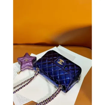 Chanel AS4646 MINI FLAP BAG & STAR COIN PURSE Zrcadlová telecí kůže  Metalická telecí kůže a zlatý kov Tmavě fialová