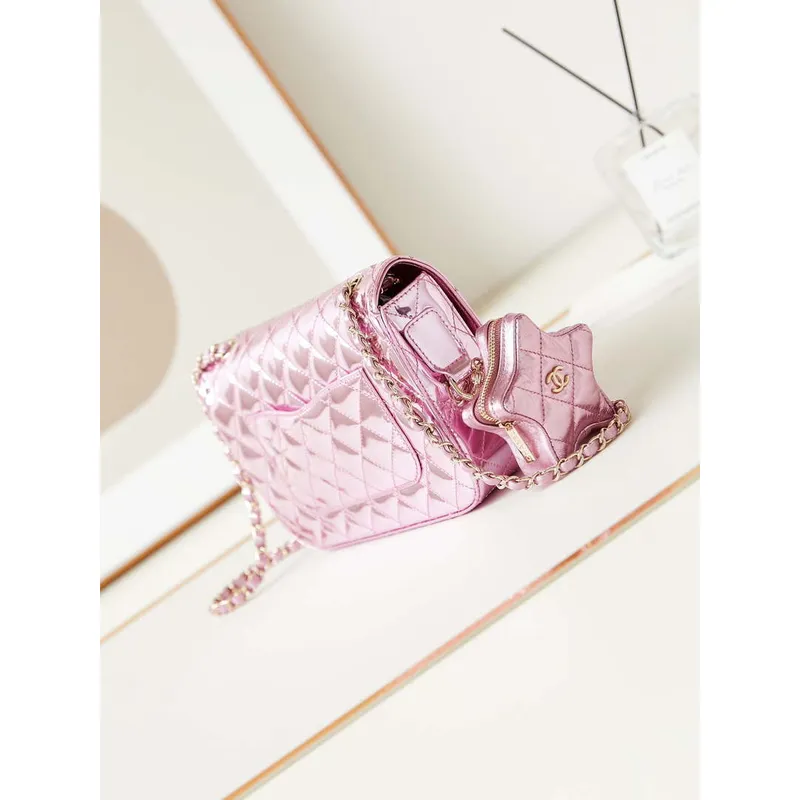 Chanel AS4648 Kabelka s klopou a peněženka STAR COIN PURSE Zrcadlová telecí kůže Metalická telecí kůže a zlatý kov Fialová