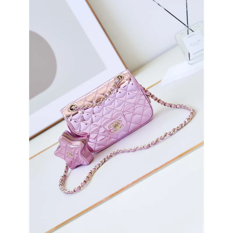 Chanel AS4646 MINI FLAP BAG & STAR COIN PURSE Zrcadlová telecí kůže  Metalická telecí kůže a zlatý kov Fialová