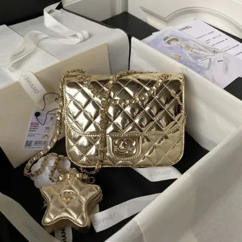 Chanel AS4647 Mini taška s klopou a peněženka STAR COIN PURSE z metalické telecí kůže a zlatého kovu Zlato