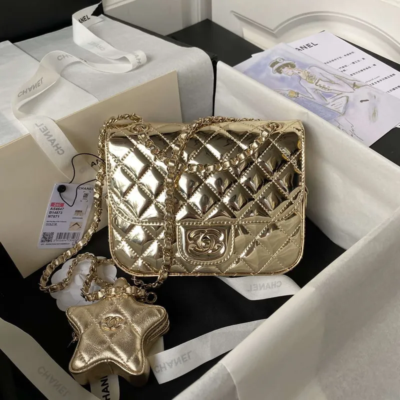 Chanel AS4647 Mini taška s klopou a peněženka STAR COIN PURSE z metalické telecí kůže a zlatého kovu Zlato