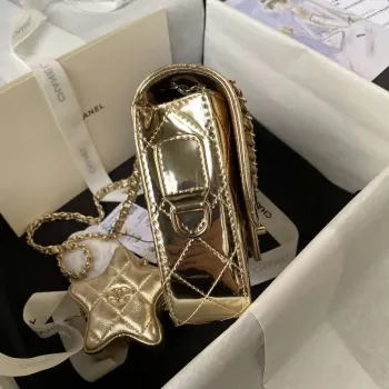 Chanel AS4647 Mini taška s klopou a peněženka STAR COIN PURSE z metalické telecí kůže a zlatého kovu Zlato