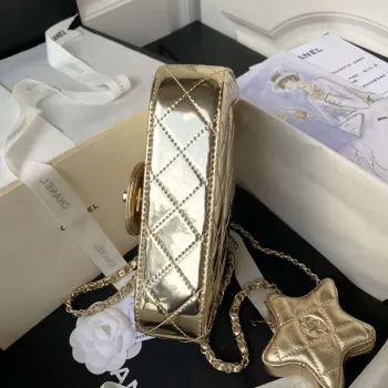 Chanel AS4647 Mini taška s klopou a peněženka STAR COIN PURSE z metalické telecí kůže a zlatého kovu Zlato