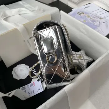 Chanel AS4648 Kabelka s klopou a peněženka STAR COIN PURSE Zrcadlová telecí kůže Metalická telecí kůže a zlatý kov Stříbrná