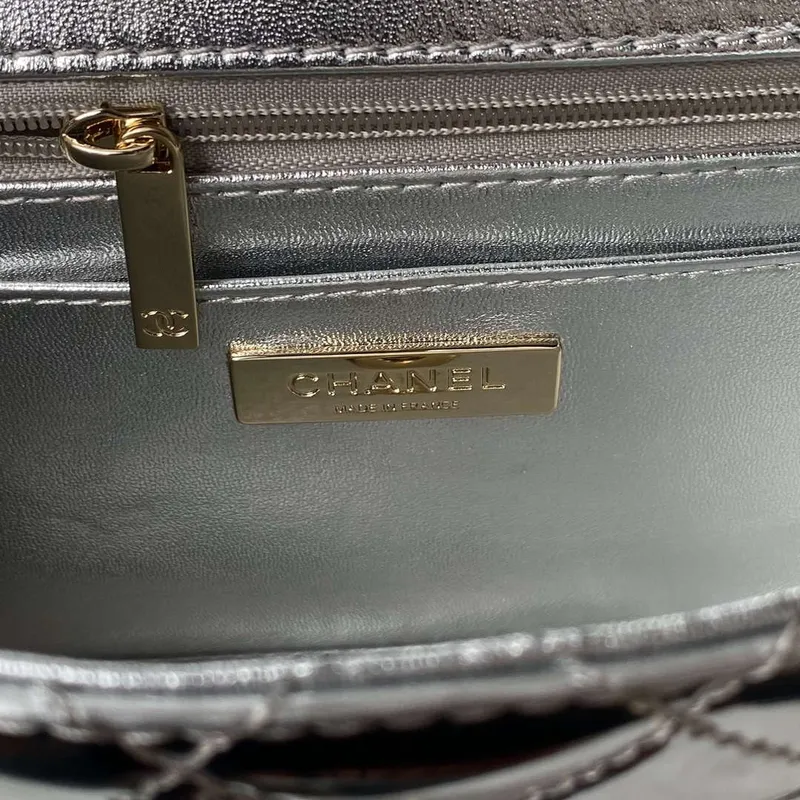 Chanel AS4648 Kabelka s klopou a peněženka STAR COIN PURSE Zrcadlová telecí kůže Metalická telecí kůže a zlatý kov Stříbrná