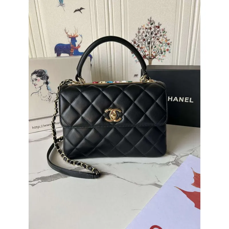 Chanel Trendy 24C taška s klopou a horním uchem Taška z jehněčí kůže A92236 Černá Vícebarevné logo