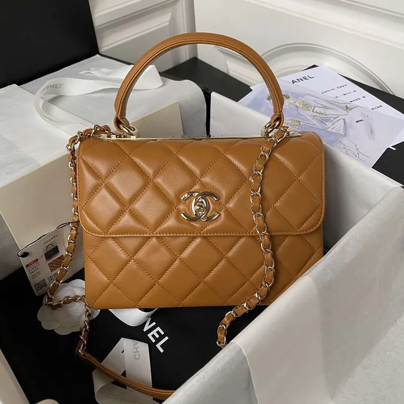 Chanel Trendy 24C taška s klopou a horním uchem z jehněčí kůže A92236 Oranžová zlatá