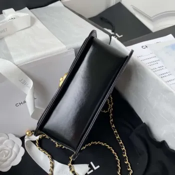 Chanel AS2615 Woc Peněženka na řetízku se zlatým přívěskem Mini Vintage kabelka z telecí kůže Černá