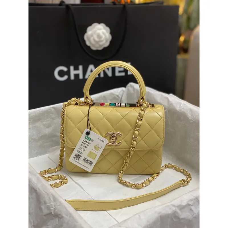 Chanel AS4654 Trendy CC taška s klopou a horním uchem, žlutá jehněčí kůže, vícebarevné logo