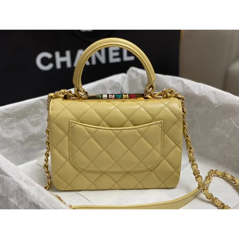 Chanel AS4654 Trendy CC taška s klopou a horním uchem, žlutá jehněčí kůže, vícebarevné logo