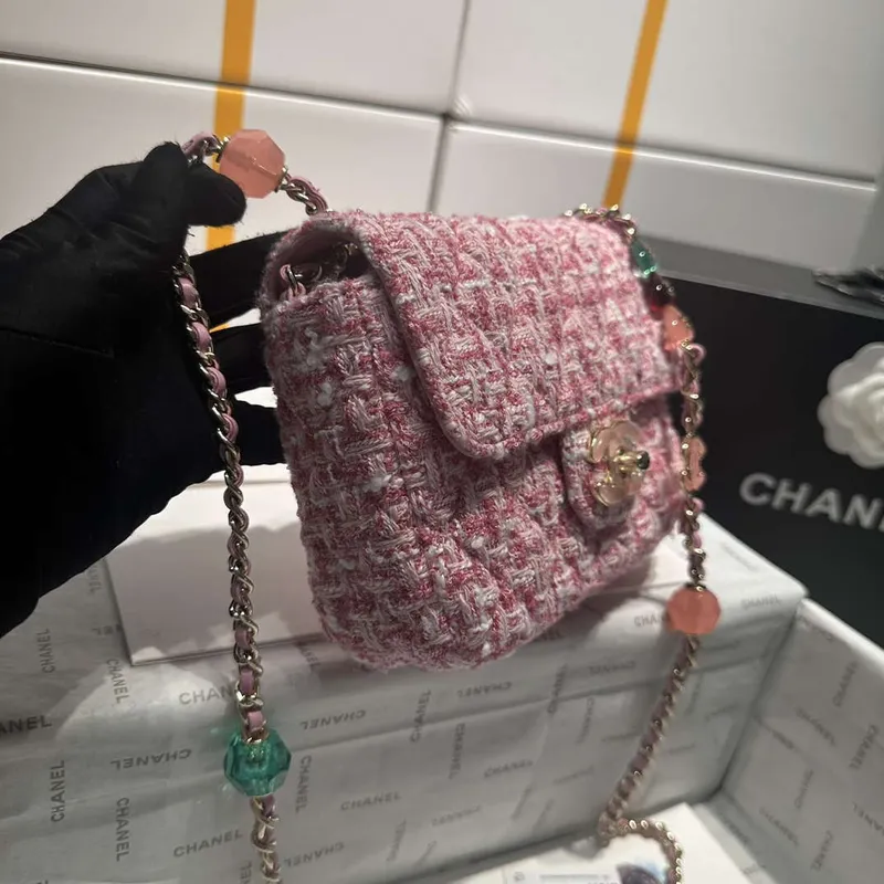 Chanel AS3782 MINI Flap Bag 23P vlněná smaltovaná zlatá kovová růžová 16 cm